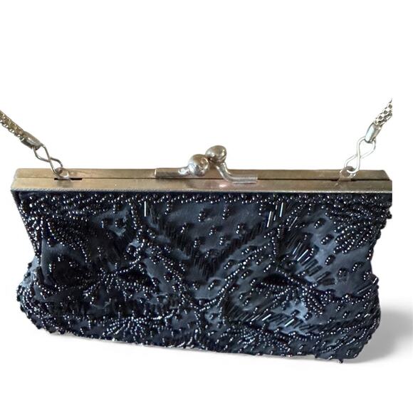 Vintage Walborg Black Beaded Evening Purse Silver Clasp 5.5"x7" 19" Drop - Picture 4 of 6